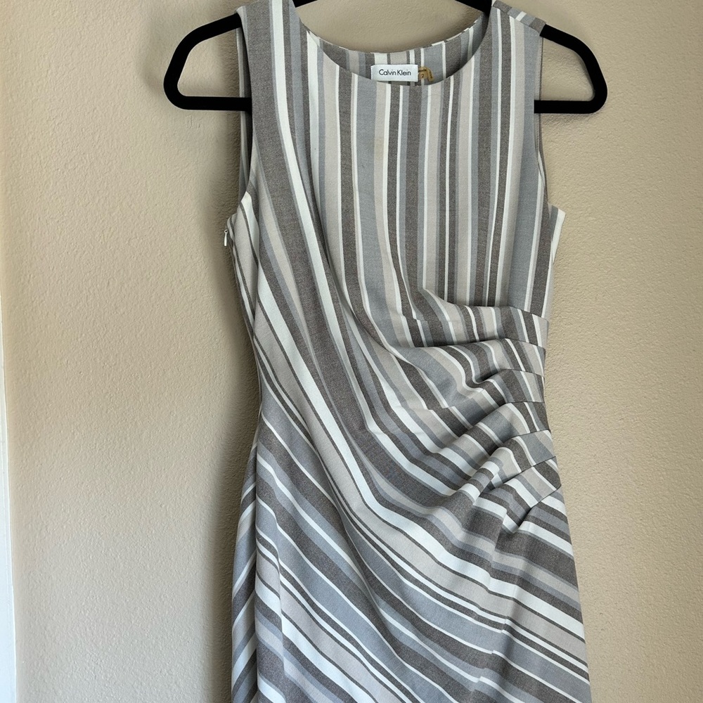 Calvin Klein sleeveless midi dress in Grey and White striped pattern